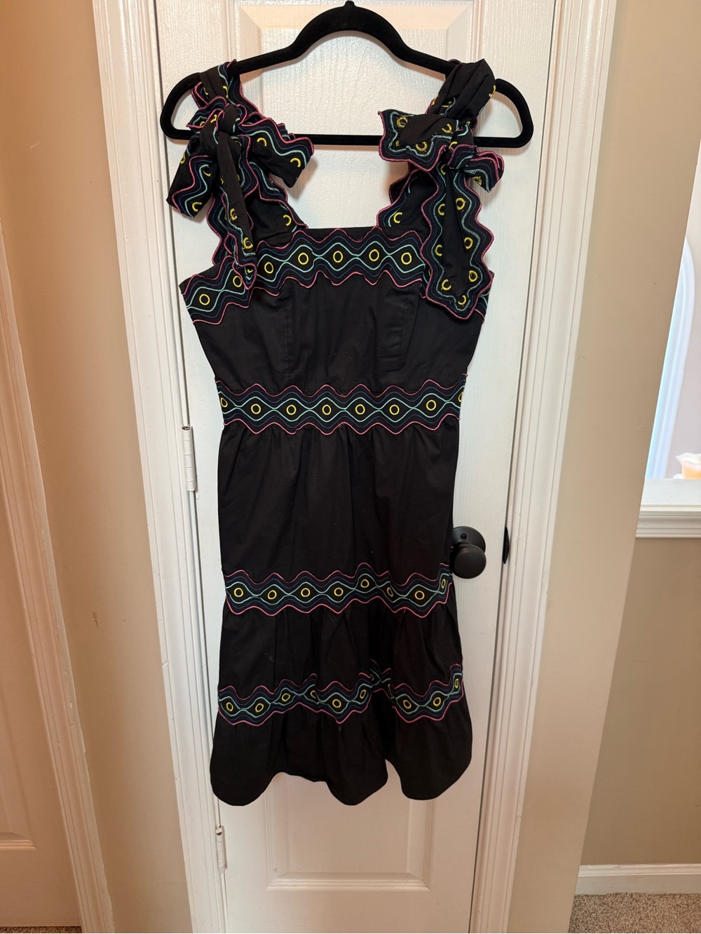 Celia B Black Multicolored Embroidered Tie-Shoulder Dress